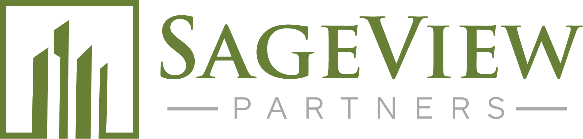 Logo for SageView Partners with stylized green building shapes inside a square on the left and SageView Partners written in green and gray text to the right.