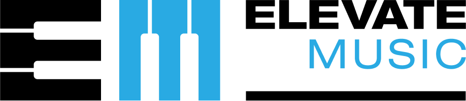 Logo with a stylized piano keyboard on the left and the words “ELEVATE MUSIC” on the right, with “ELEVATE” in black and “MUSIC” in blue.